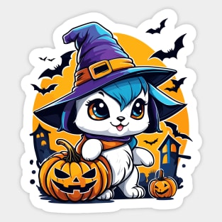 A cat wearing a witches hat and holding pumpkin Sticker